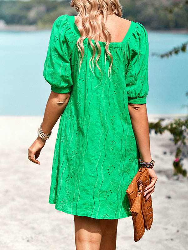 Momentlover Solid Color Jacquard Puff Sleeves Loose Square-neck Mini Dresses