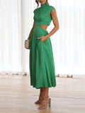 Momentlover Solid Color Pleated Belly-Hollow Cap Sleeve Stand Collar Maxi Dresses