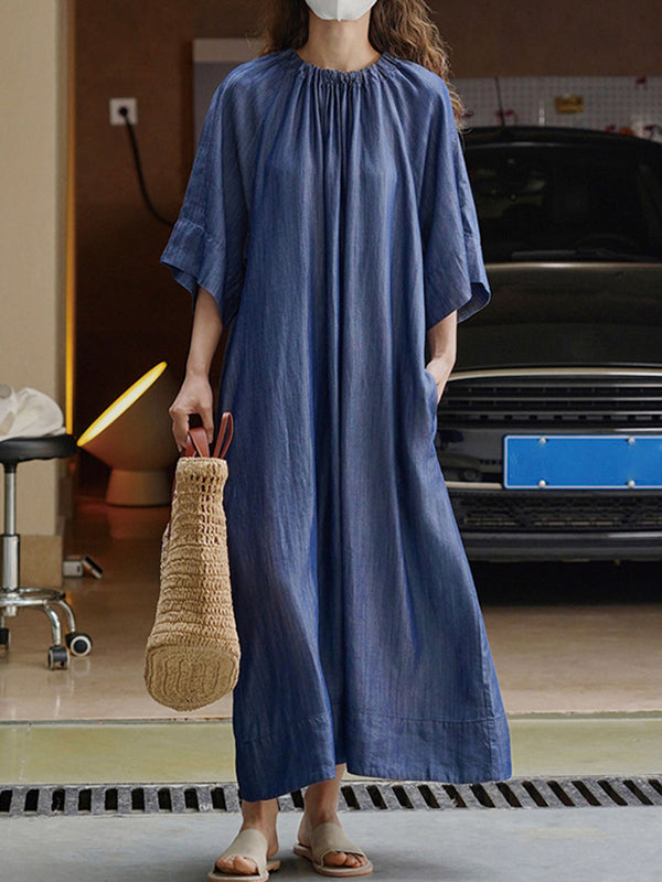 Momentlover Solid Color Pleated Lace-Up Drawstring Short Sleeves Raglan Sleeve Round-Neck Midi Dresses