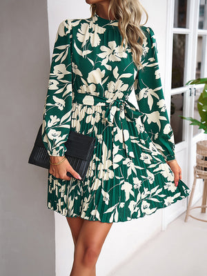 Momentlover Tied Waist Pleated Flower Print Loose Long Sleeves Mock Neck Mini Dresses