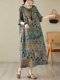 Momentlover Printed Polka-Dot Contrast Color Loose Half Sleeves Round-Neck Midi Dresses
