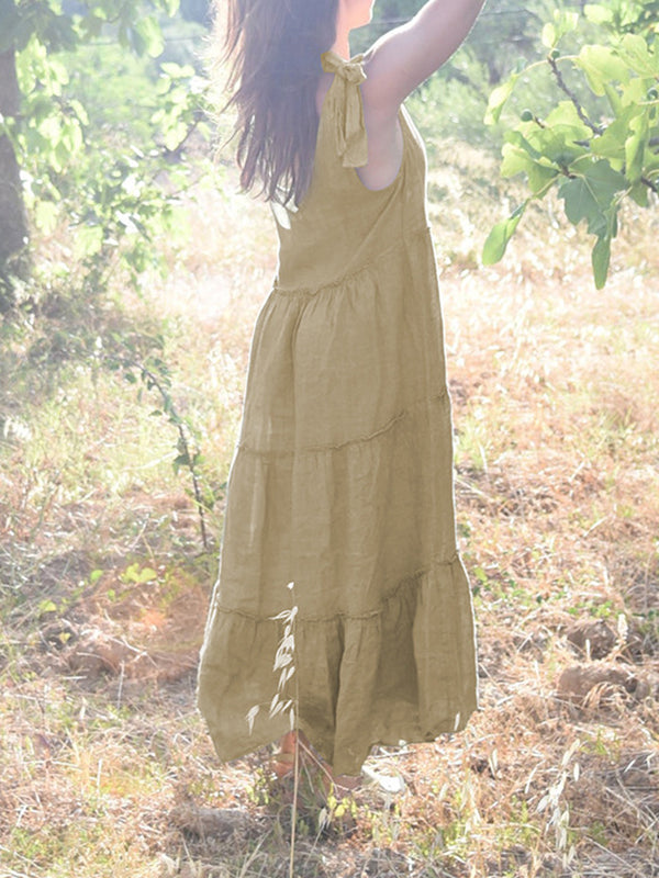 Momentlover Solid Color Sleeveless Loose V-Neck Midi Dresses