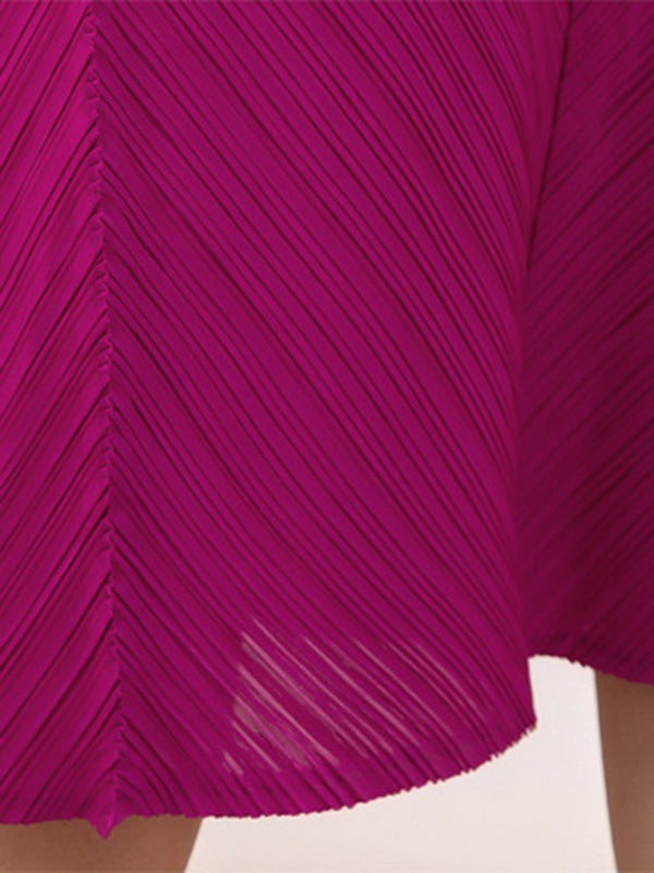 Momentlover Solid Color Pleated Embroidered Loose Long Sleeves Round-neck Midi Dresses