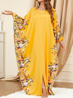 Momentlover Split-Front Printed Muslim Loose Batwing Sleeves Round-Neck Maxi Dresses
