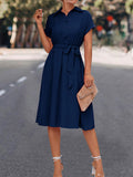 Momentlover Tied Waist Solid Color Buttoned Short Sleeves High Waisted Lapel Collar Shirt Dress Midi Dresses