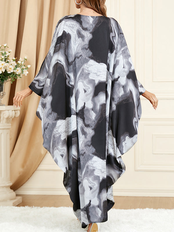 Momentlover Printed Contrast Color Loose Long Sleeves Round-Neck Maxi Dresses