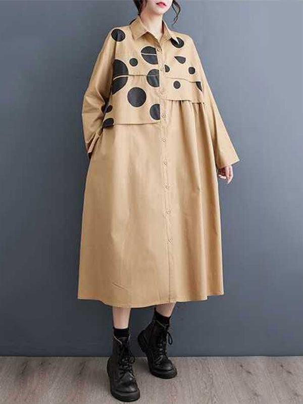 Momentlover Split-Joint Polka Dot Buttoned Asymmetric Loose Long Sleeves Lapel Midi Dresses