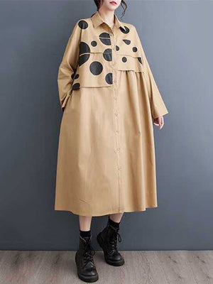 Momentlover Split-Joint Polka Dot Buttoned Asymmetric Loose Long Sleeves Lapel Midi Dresses