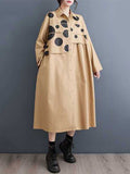 Momentlover Split-Joint Polka Dot Buttoned Asymmetric Loose Long Sleeves Lapel Midi Dresses