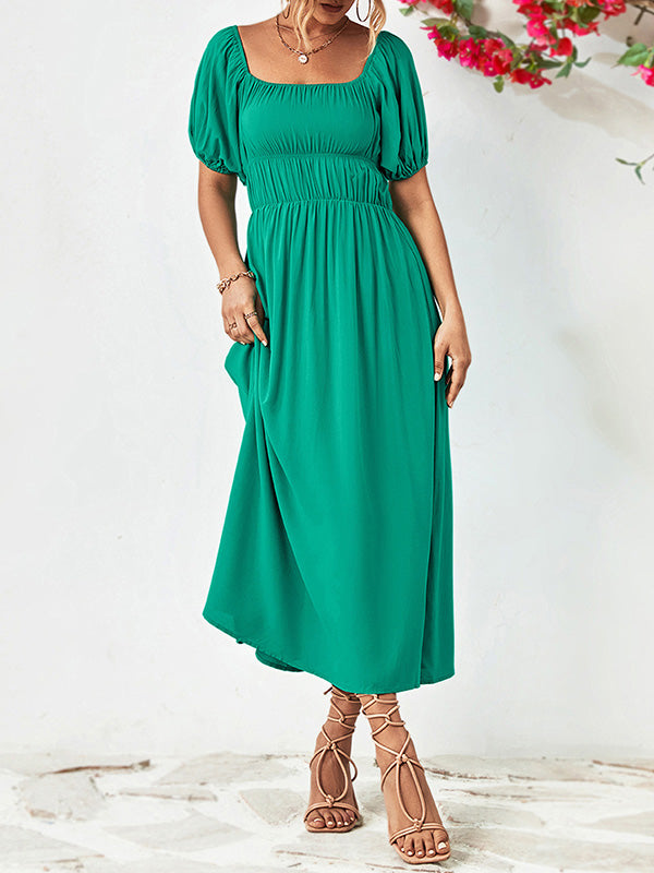 Momentlover Solid Color Short Sleeves Loose Off-The-Shoulder Midi Dresses