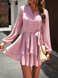 Momentlover Tied Waist Solid Color Ruffled Puff Sleeves Loose V-Neck Mini Dresses