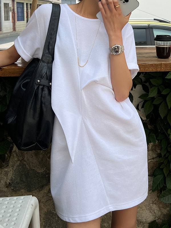 Momentlover Solid Color Short Sleeves Loose Round-Neck Mini Dresses