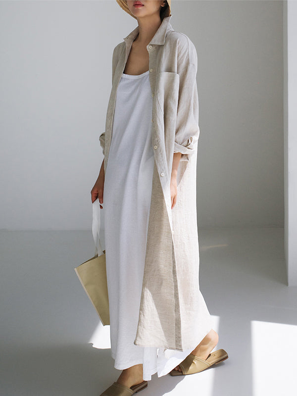 Momentlover Simple Long Sleeves Split-Side Solid Color Lapel Midi Dresses Shirt Dress