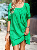 Momentlover Solid Color Jacquard Puff Sleeves Loose Square-neck Mini Dresses