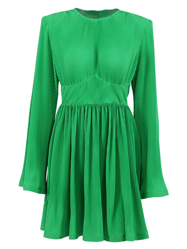 Momentlover Zipper Solid Color Pleated High-Waisted Flared Sleeves A-line Round-neck Mini Dresses