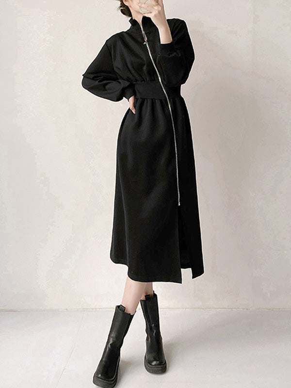 Momentlover Zipper Split-Front Asymmetric Long Sleeves High Neck Midi Dresses