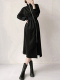 Momentlover Zipper Split-Front Asymmetric Long Sleeves High Neck Midi Dresses