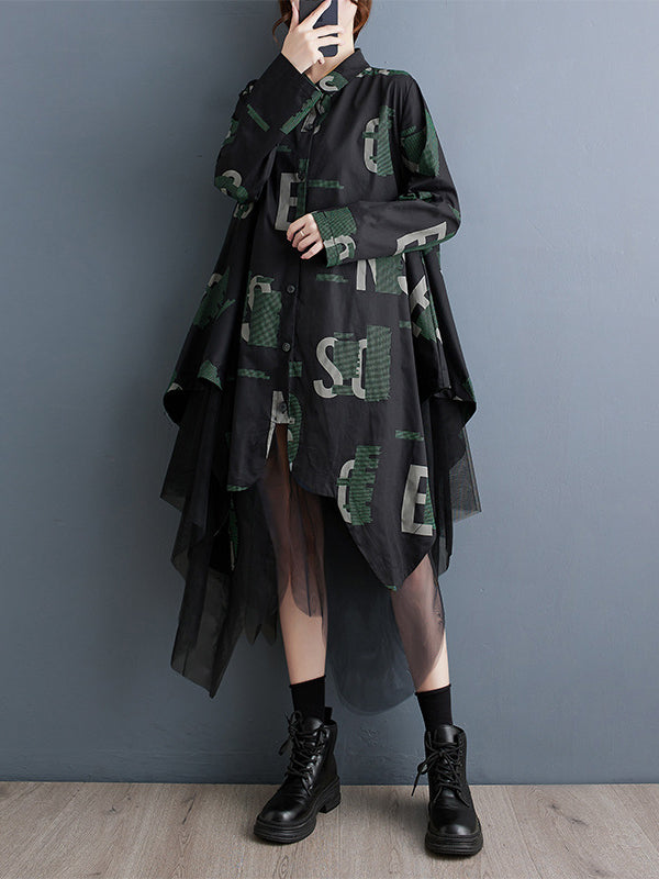 Momentlover Split-Joint Mesh Letter Print Buttoned Loose Long Sleeves Lapel Shirt Dress Midi Dresses