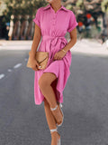 Momentlover Tied Waist Solid Color Buttoned Short Sleeves High Waisted Lapel Collar Shirt Dress Midi Dresses