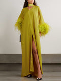 Momentlover Split-front Solid Color Feathers Loose V-neck Maxi Dresses Evening Dresses