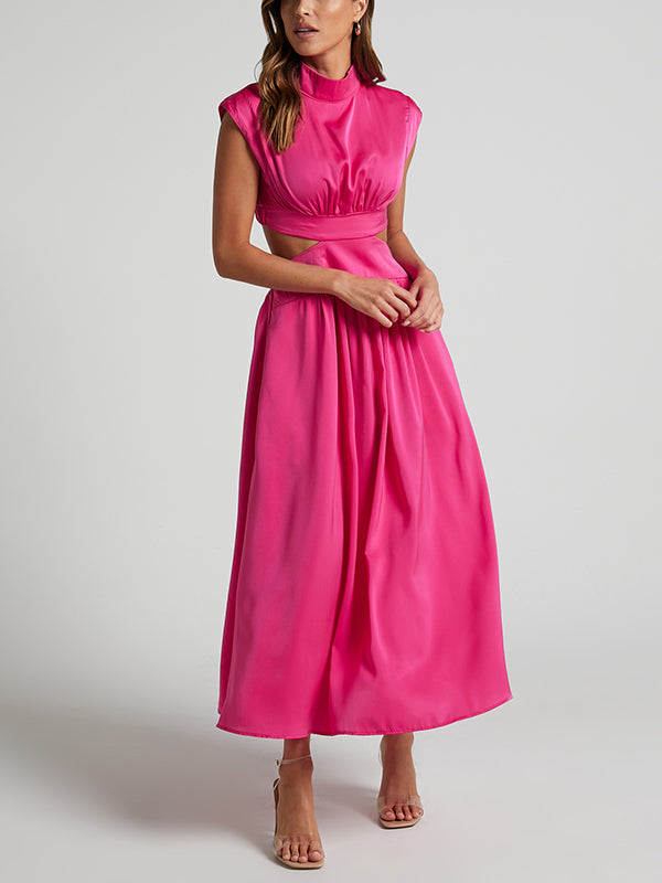 Momentlover Solid Color Pleated Belly-Hollow Cap Sleeve Stand Collar Maxi Dresses