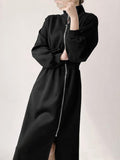 Momentlover Zipper Split-Front Asymmetric Long Sleeves High Neck Midi Dresses