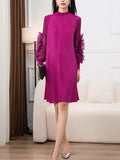 Momentlover Solid Color Pleated Embroidered Loose Long Sleeves Round-neck Midi Dresses