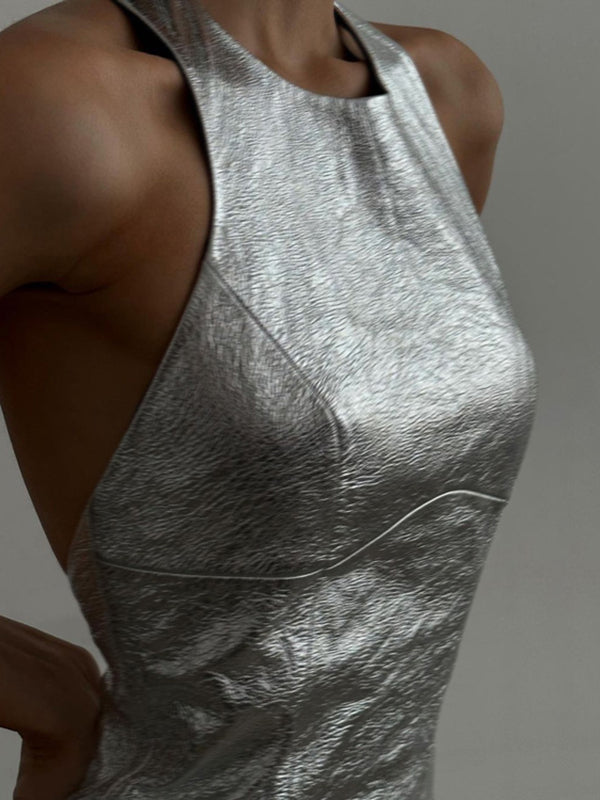 Momentlover Zipper Split-Joint Solid Color Backless Sleeveless Skinny Round-Neck Mini Dresses