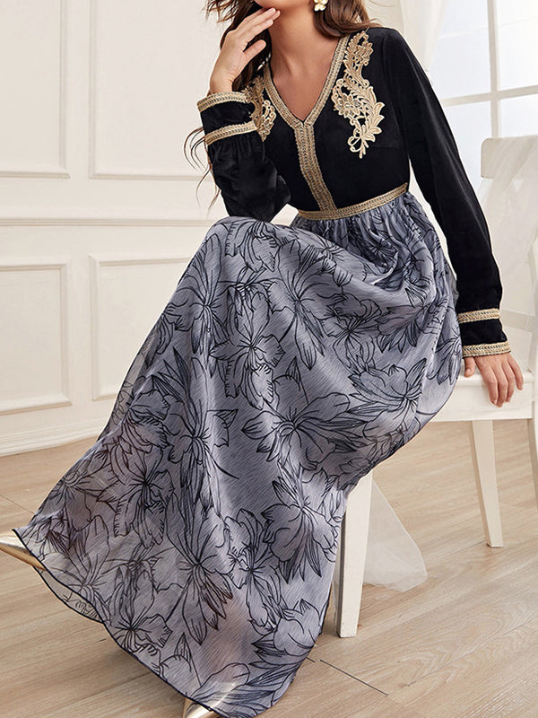 Momentlover Split-Joint Flower Print Embroidered Long Sleeves High Waisted V-Neck Maxi Dresses