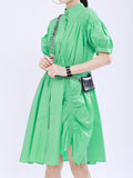 Momentlover Solid Color Pleated Asymmetric Short Sleeves Loose Stand Collar Shirt Dress Mini Dresses