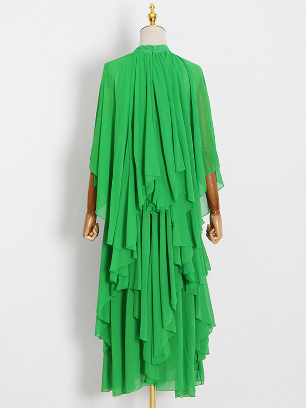 Momentlover Tiered Solid Color Raglan Sleeve Loose Stand Collar Maxi Dresses