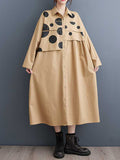 Momentlover Split-Joint Polka Dot Buttoned Asymmetric Loose Long Sleeves Lapel Midi Dresses