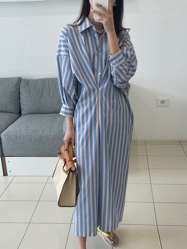 Momentlover Striped Pockets Contrast Color Buttoned Loose Long Sleeves Lapel Shirt Dress Midi Dresses