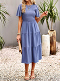 Momentlover Solid Color Elastics Short Sleeves Loose Round-neck Midi Dresses