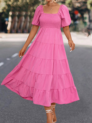 Momentlover Split-Joint Solid Color Pleated Elasticity Short Sleeves High Waisted Square-neck Midi Dresses