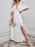 Momentlover Split-front Solid Color Loose Batwing Sleeves Deep V-Neck Maxi Dresses