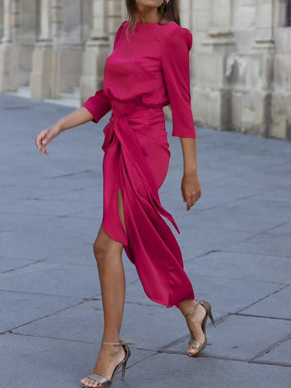 Momentlover Tied Waist Solid Color Pleated Three-Quarter Sleeves Loose Boat Neck Maxi Dresses