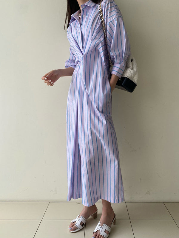 Momentlover Striped Pockets Contrast Color Buttoned Loose Long Sleeves Lapel Shirt Dress Midi Dresses