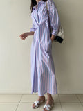 Momentlover Striped Pockets Contrast Color Buttoned Loose Long Sleeves Lapel Shirt Dress Midi Dresses