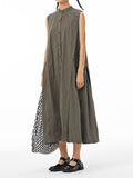 Momentlover Solid Color Pleated Sleeveless Loose Stand Collar Shirt Dress Midi Dresses