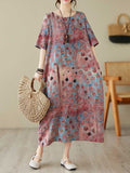 Momentlover Printed Polka-Dot Contrast Color Loose Half Sleeves Round-Neck Midi Dresses