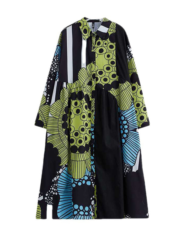 Momentlover Split-Joint Printed Buttoned Asymmetric Loose Long Sleeves Lapel Shirt Dress Midi Dresses