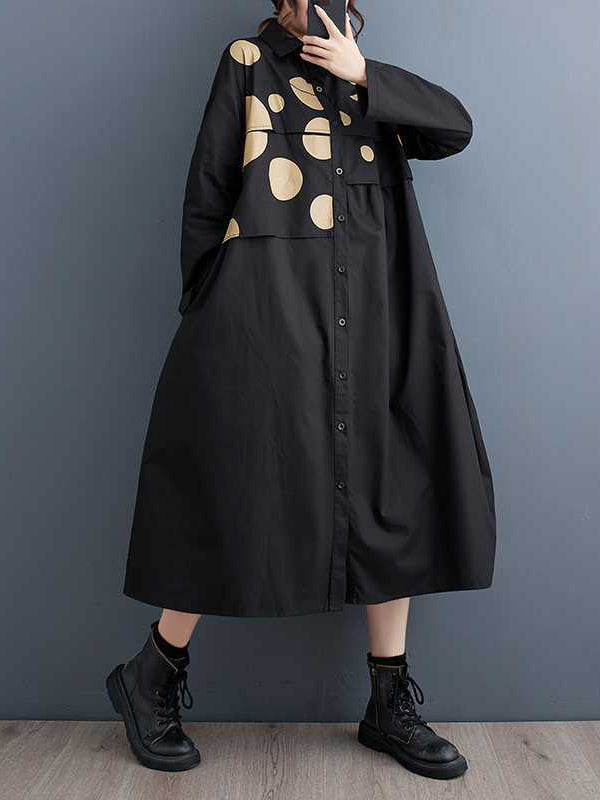 Momentlover Split-Joint Polka Dot Buttoned Asymmetric Loose Long Sleeves Lapel Midi Dresses