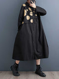 Momentlover Split-Joint Polka Dot Buttoned Asymmetric Loose Long Sleeves Lapel Midi Dresses