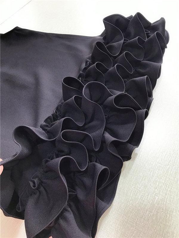 Momentlover Zipper Split-Joint Solid Color Falbala Sleeveless Loose Round-Neck Mini Dresses