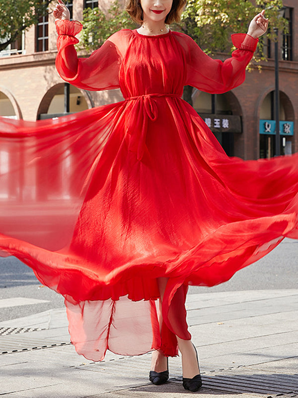 Momentlover Tied Waist Solid Color Pleated Gauze Falbala Loose Long Sleeves Round-Neck Maxi Dresses