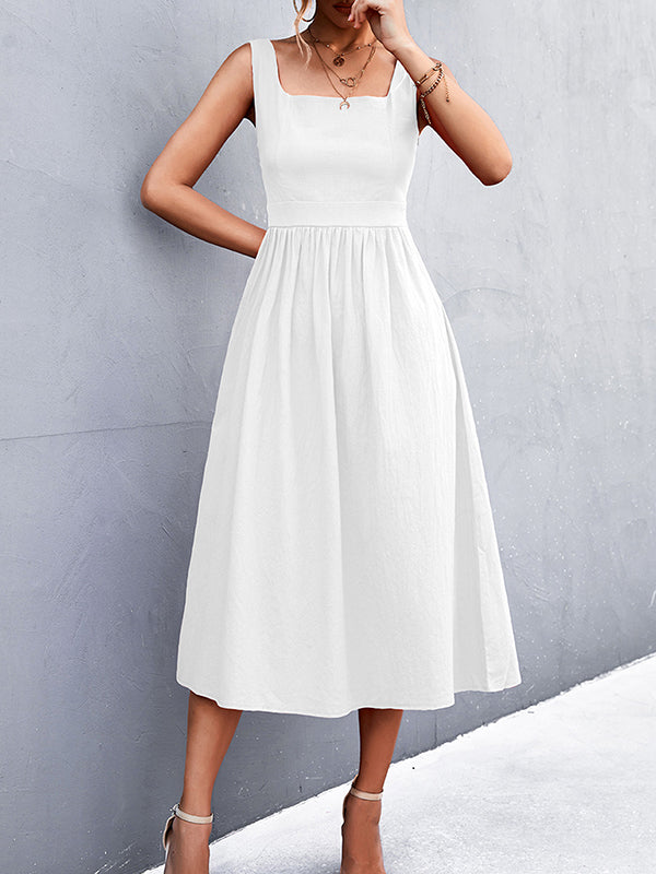 Momentlover Split-Joint Solid Color Pleated Sleeveless High Waisted U-Neck Midi Dresses
