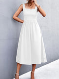 Momentlover Split-Joint Solid Color Pleated Sleeveless High Waisted U-Neck Midi Dresses