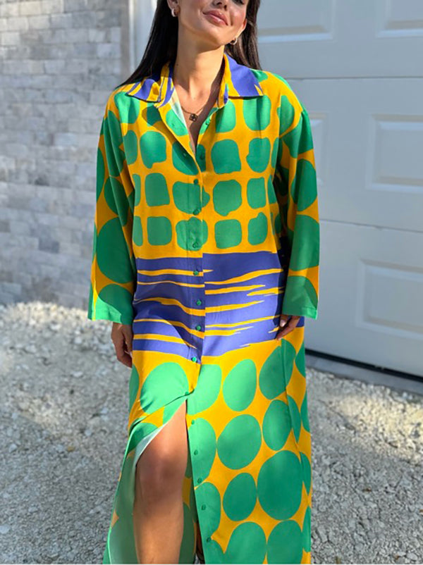 Momentlover Printed Buttoned Loose Long Sleeves Lapel Shirt Dress Maxi Dresses