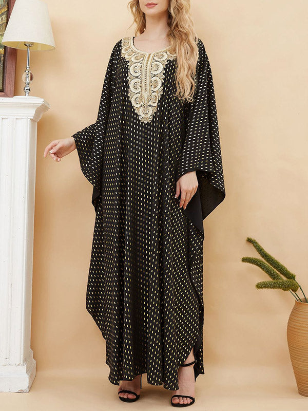 Momentlover Split-Side Split-Joint Bronzing Loose Long Sleeves V-Neck Robes Maxi Dresses